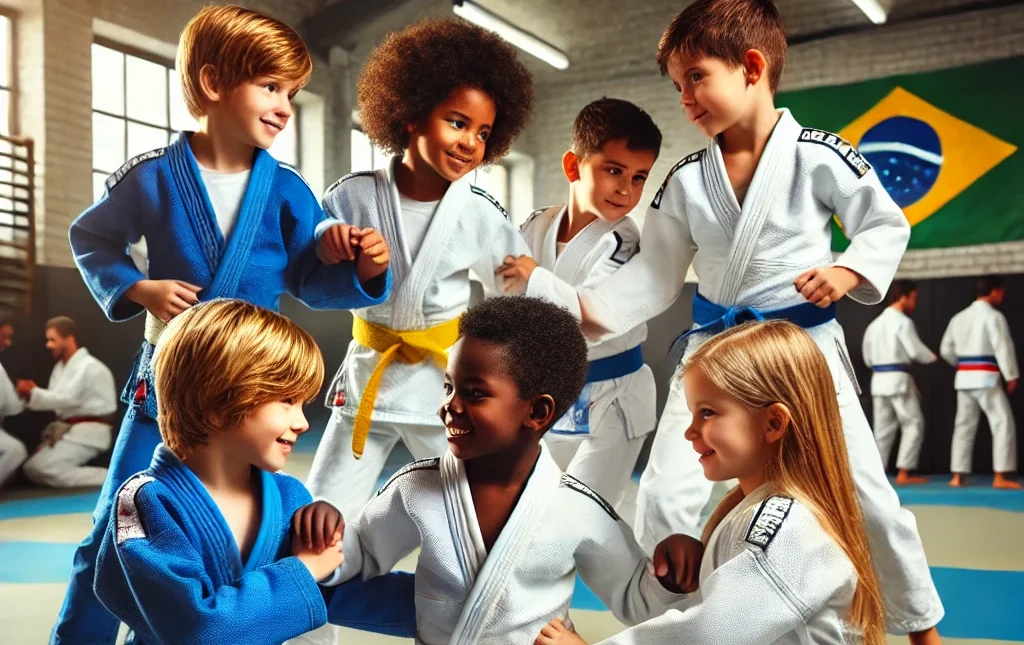 sete crianças usando kimono de jiu-jitsu em clima amigável.