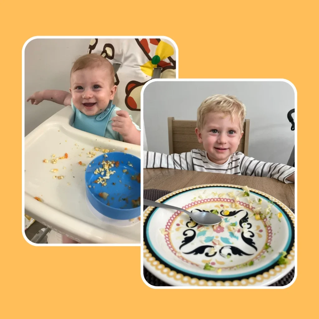 Duas fotos de duas crianças, uma com aproximadamente 1 ano e outra de 2 anos finalizando uma refeição.