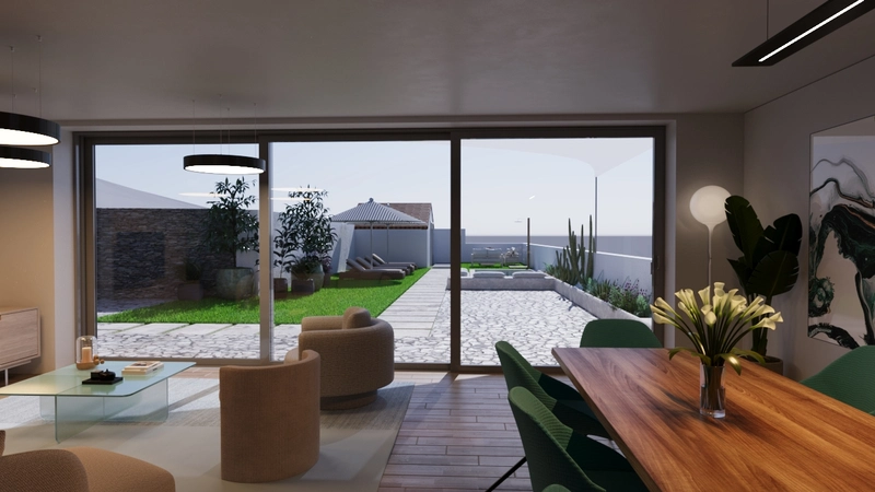 Sala de estar iluminada pela luz do dia, com piso amadeirado e grandes paredes de vidro, com uma mesa, cadeiras e pufês.