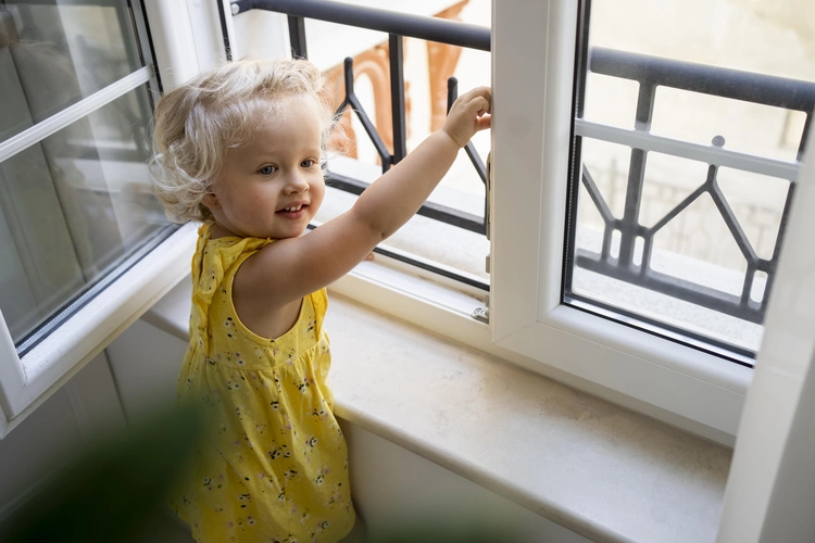 Menina pequena de cabelos loiro usando vestido amarelo segurando na grade da janela.