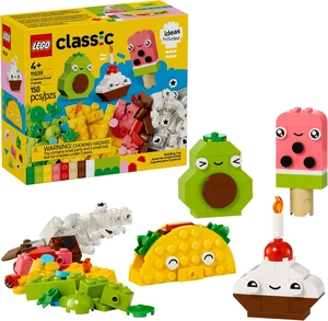 Caixa amarela de LEGO Classic com 150 peças, recomendada para maiores de 4 anos. As peças montadas formam comidas divertidas com rostos, como abacate, picolé, taco e cupcake.