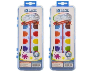 Duas embalagens idênticas de tinta aquarela lavável da marca BAZIC, com 16 cores cada. As embalagens são transparentes e mostram as tintas coloridas em pastilhas, acompanhadas de um pincel no centro. A embalagem diz "Washable Watercolors", "Encouraging Creativity", e exibe um desenho de pincel e uma flor roxa no canto inferior esquerdo.