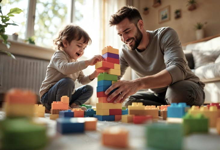 Homem jovem, de pele clara, barba curta e cabelos castanhos, veste camiseta cinza e calça escura. Ao lado dele, um menino pequeno, também de pele clara, com cabelos castanhos ondulados e curtos, veste uma camiseta cinza clara e calça jeans. Ambos estão sorrindo e brincando juntos com blocos coloridos no chão de uma sala iluminada.