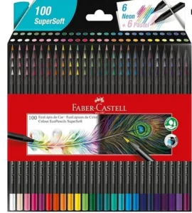 Caixa de lápis coloridos neon da Faber Castel. 100 cores de lápis com a base preta.