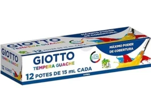Caixa de tinta guache da marca Giotto, contendo 12 potes de 15 ml cada. A embalagem é colorida com tinta azul, amarela e vermelha sendo despejada por pincéis, destacando a frase 'Máximo poder de cobertura'. Também indica que o produto possui 12 cores e é lavável com água e sabão.