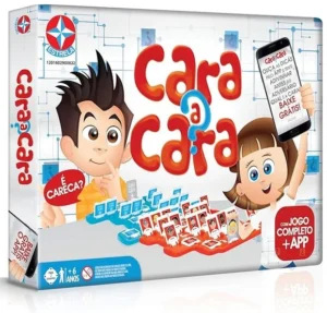 Jogo de tabuleiro infantil da marca "Estrela" chamado "Cara a Cara" Caixa branca com duas crianças ilustradas brincando. Uma segura um telemóvel na mão.