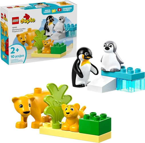 Conjunto LEGO DUPLO com 10 peças, incluindo pinguins e leões, blocos coloridos e vegetação. A embalagem indica que o brinquedo é recomendado para crianças a partir de 2 anos.