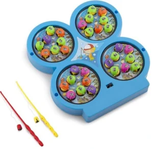 Jogo de tabuleiro de pesca de plástico azul com 4 mini lagos circulares, cada um com vários peixes coloridos de plástico. Contém duas varas de brinquedo do lado esquerdo: uma vermelha e outra amarela.