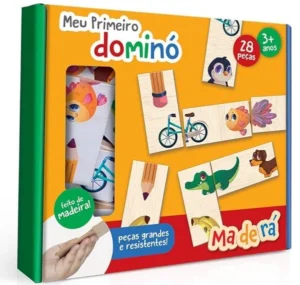Jogo de tabuleiro infantil "Meu Primeiro dominó". Caixa amarela com peças variadas ilustradas com temas infantis