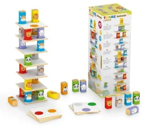 Jogo de tabuleiro: Brinquedo infantil torre lúdica com o tema de animais. São peças pequenas e coloridas e a caixa é branca com detalhes coloridos.