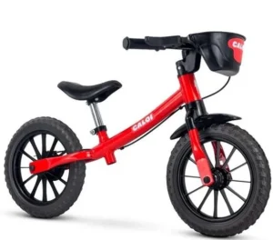 Bicicleta de equilibrio infantil sem pedais para crinanças a partir de 1 ano vermelha com rodas e detalhes em preto.