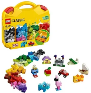 Conjunto LEGO Classic, Maleta da Criatividade ─ Kit de construção (213 peças) . Mostra Mostra alguns animais coloridos criados com peças simples e coloridas. Caixa amarela com detalhes coloridos. Voltado para crianças a partir de 4 anos.