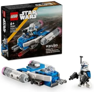 Conjunto de LEGO "Star Wars" com 99 peças. Mostra a personagem principal e uma nave azul e cinzenta. A caixa é preta com o símbolo do StarWars. Para maiores de 4 anos.