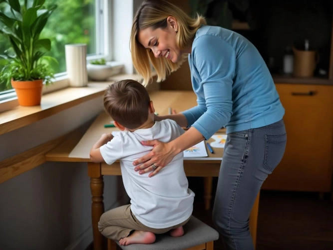 Mulher loira de cerca de 35 anos, vestindo blusa azul, sorri enquanto apoia gentilmente um menino sentado de costas em um banco diante de uma mesa de madeira, iluminada por uma janela com plantas, enquanto ele desenha com lápis de cor.