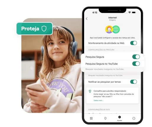 Interface do controlo parental Kaspersky Safe Kids no celular mostrando opções de pesquisa segura, enquanto uma criança nas telas assiste a desenhos animados com fones de ouvido, sob supervisão digital.