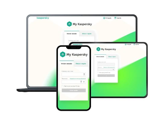 Tela de login do controlo parental Kaspersky Safe Kids em diferentes dispositivos, permitindo aos pais proteger o acesso aos desenhos animados e outros conteúdos online.