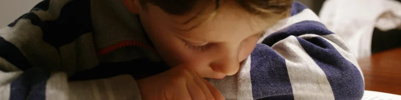 menino com cabelo castanho claro debruçado sobre um livro, apontando para o mesmo. Tem uma camisa as ricas azul escuro e cinzento e o livro está sobre uma mesa castanha escura.
